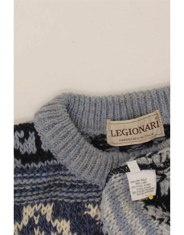 Vintage hombres cuello redondo jersey suéter IT 48 azul medio Fair Isle lana