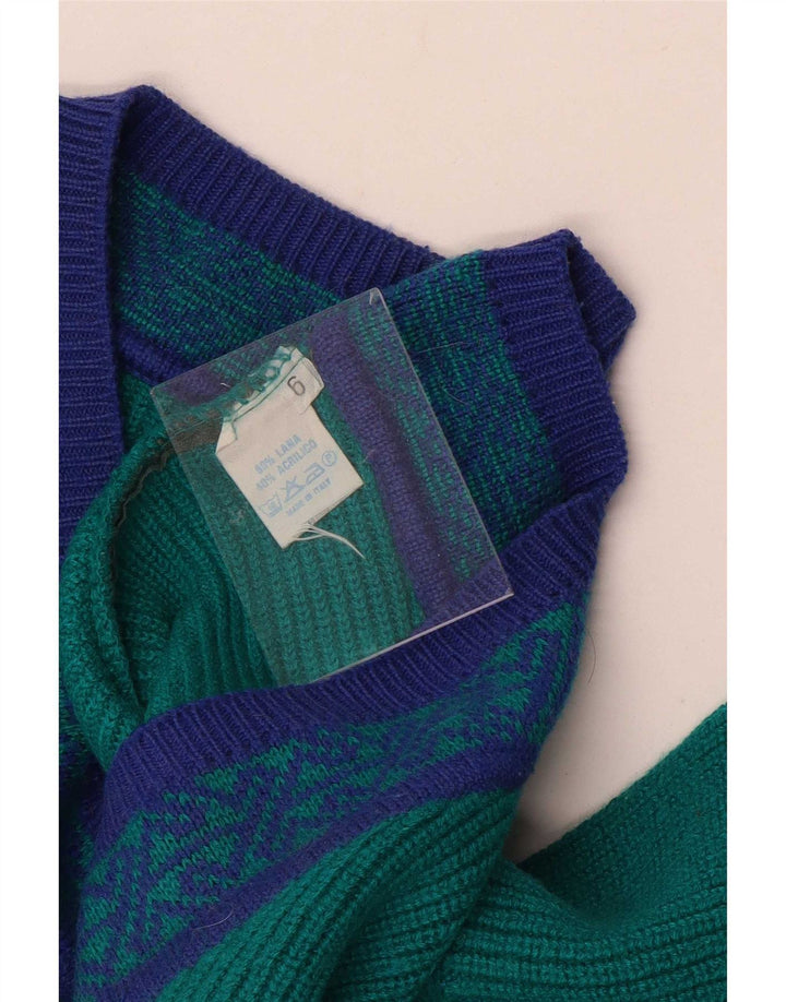 Vintage hombres V-cuello jumper suéter grande verde lana geométrica