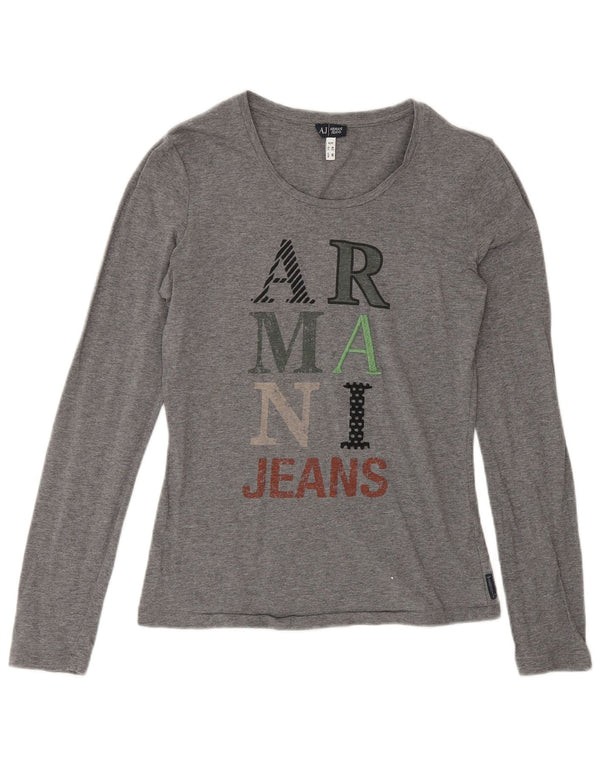 Armani Jeans Mujer Gráfico Top Manga Larga UK 12 Algodón Gris Medio