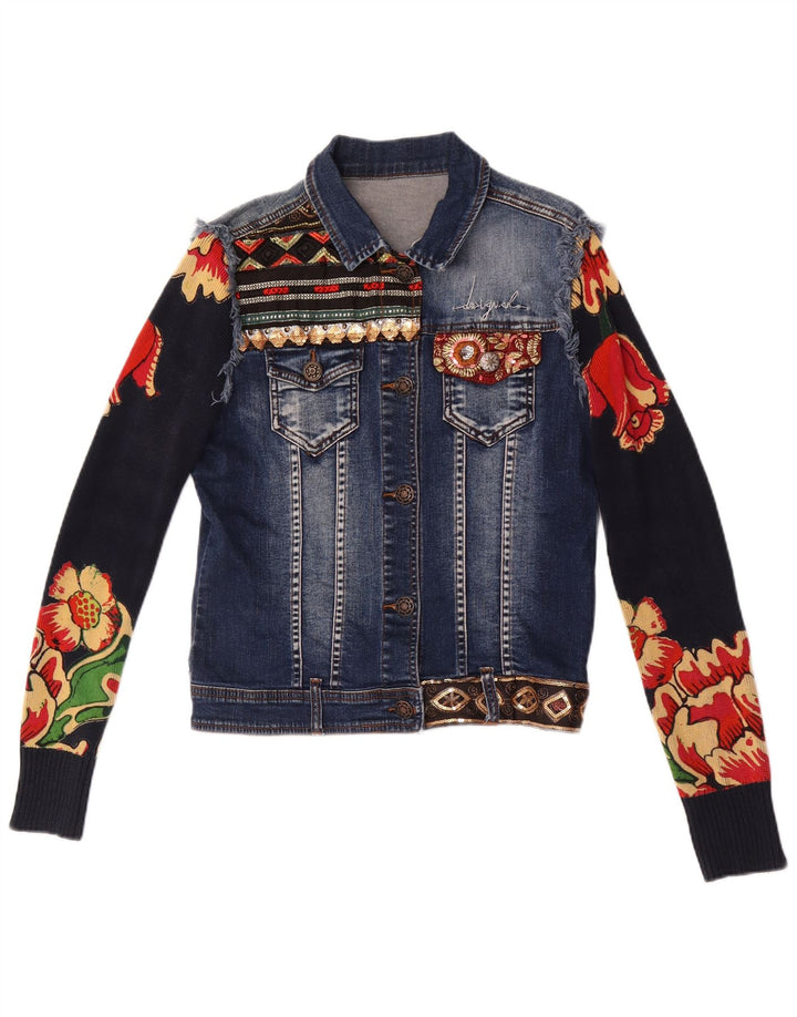 Desigual Mujer Chaqueta Vaquera Gráfica EU 38 Mediana Azul Marino Algodón Floral