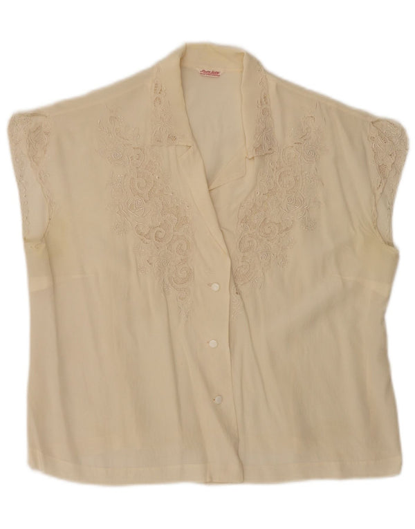 Vintage mujer camisa sin mangas blusa EU 40 medio off blanco floral seda