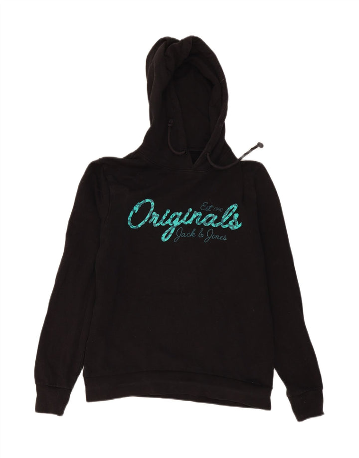 JACK & JONES Mens Graphic Hoodie Jumper Medium Black Vintage Jack & Jones and Second-Hand Jack & Jones from Messina Hembry 