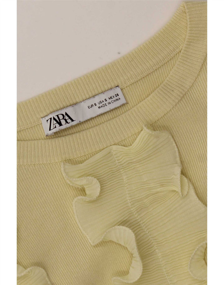 Zara Blusa corta de manga larga con volantes en la parte delantera para mujer UK 8 Small Yellow