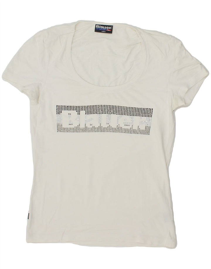BLAUER Womens Graphic T-Shirt Top UK 10 Small White Cotton Vintage Blauer and Second-Hand Blauer from Messina Hembry 