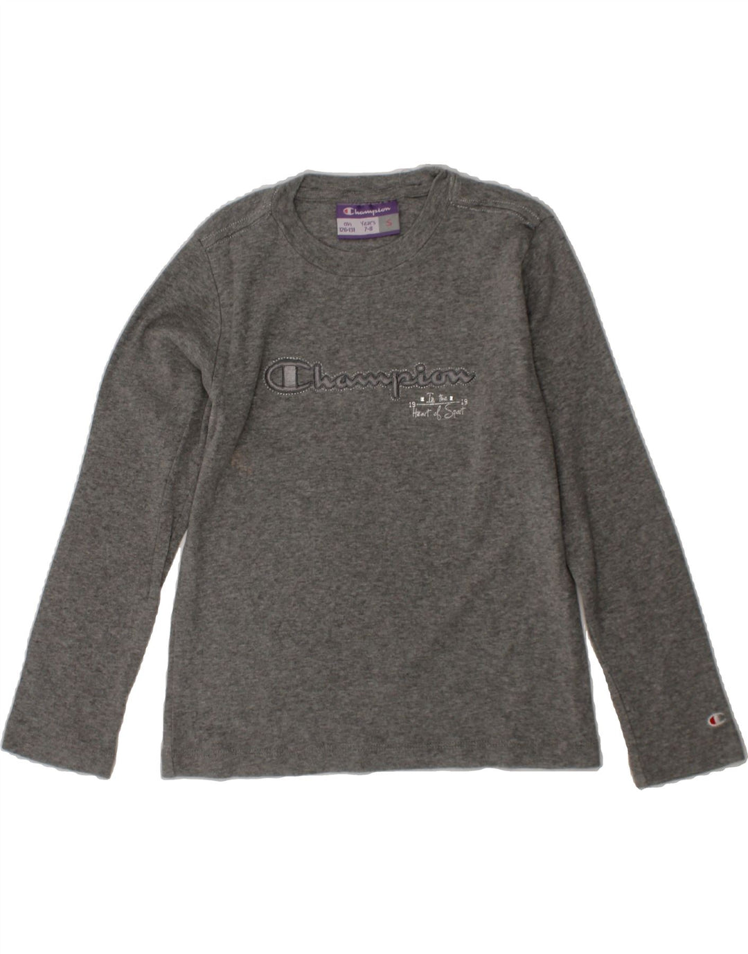 CHAMPION Girls Graphic Top Long Sleeve 7-8 Years Small Grey Vintage Champion and Second-Hand Champion from Messina Hembry 