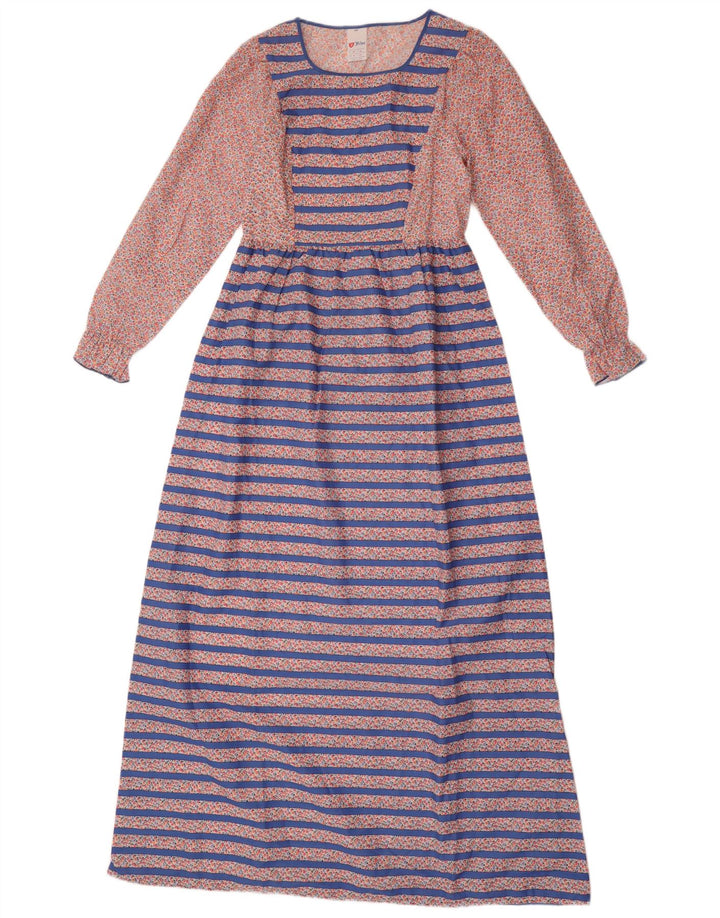 Vintage mujer manga larga Maxi vestido Reino Unido 14 poliéster a rayas azul medio