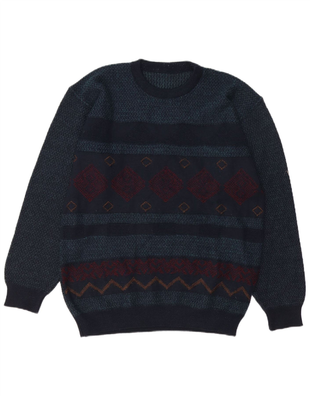 VINTAGE Hombres Crew Neck Jumper Suéter Medio Azul Marino Geométrico