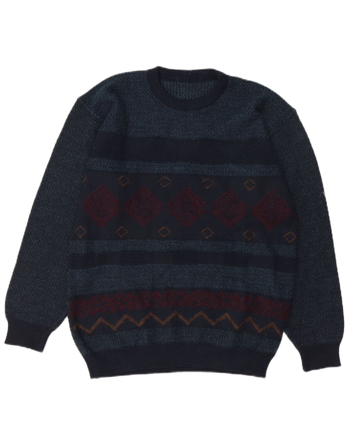 VINTAGE Hombres Crew Neck Jumper Suéter Medio Azul Marino Geométrico