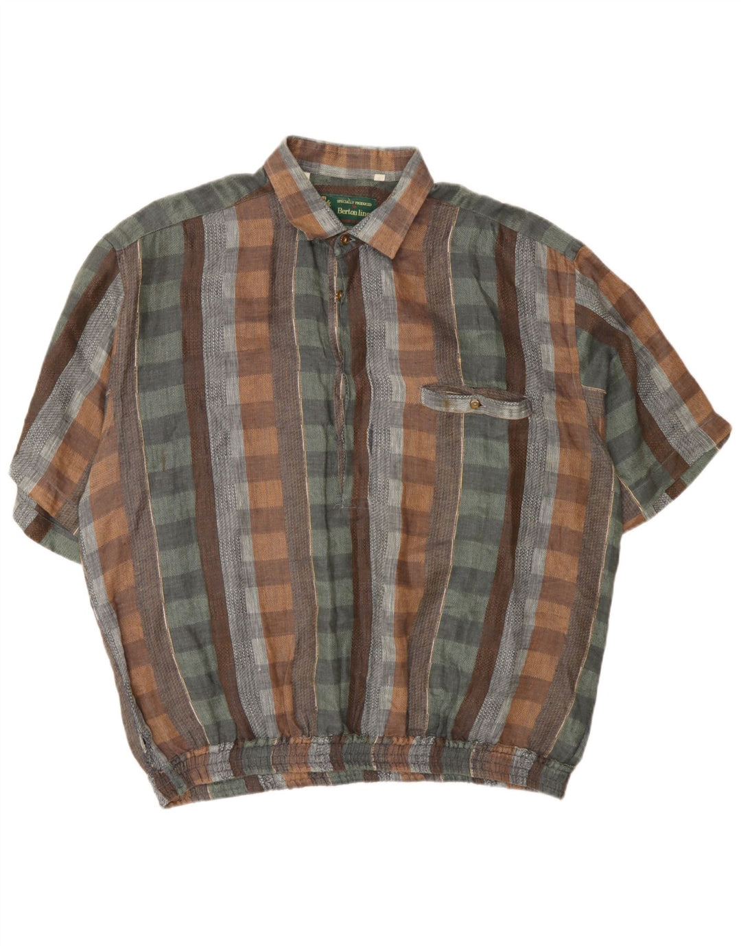 Vintage hombres manga corta pullover camisa XL multicolor check lino
