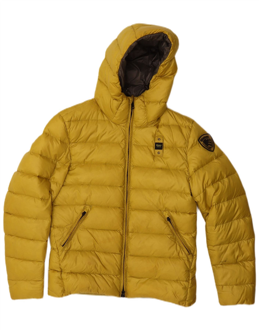 Blauer Chaqueta acolchada con capucha para hombre UK 38 Poliamida amarilla mediana