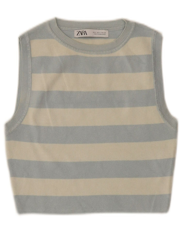ZARA Mujer Crop Vest Tank Top UK 40 Viscosa Rayas Azul Medio