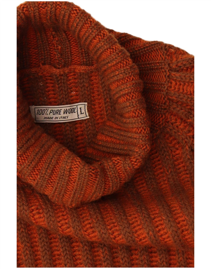 Vintage hombres rollo cuello jersey suéter grande naranja rayas lana