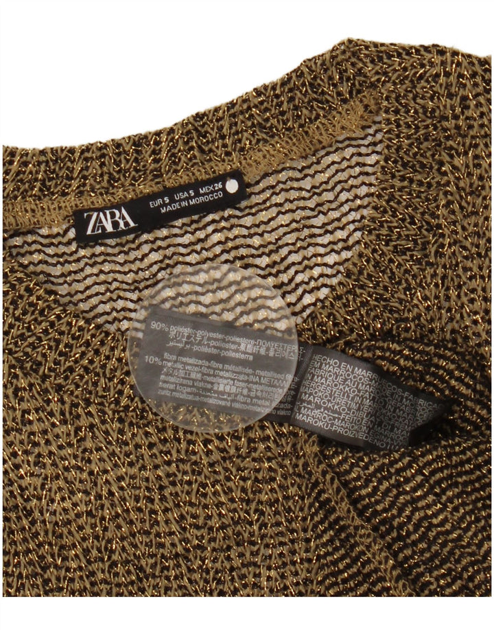 Zara Mujer Top Transparente Manga Larga UK 10 Pequeño Poliéster Moteado Dorado