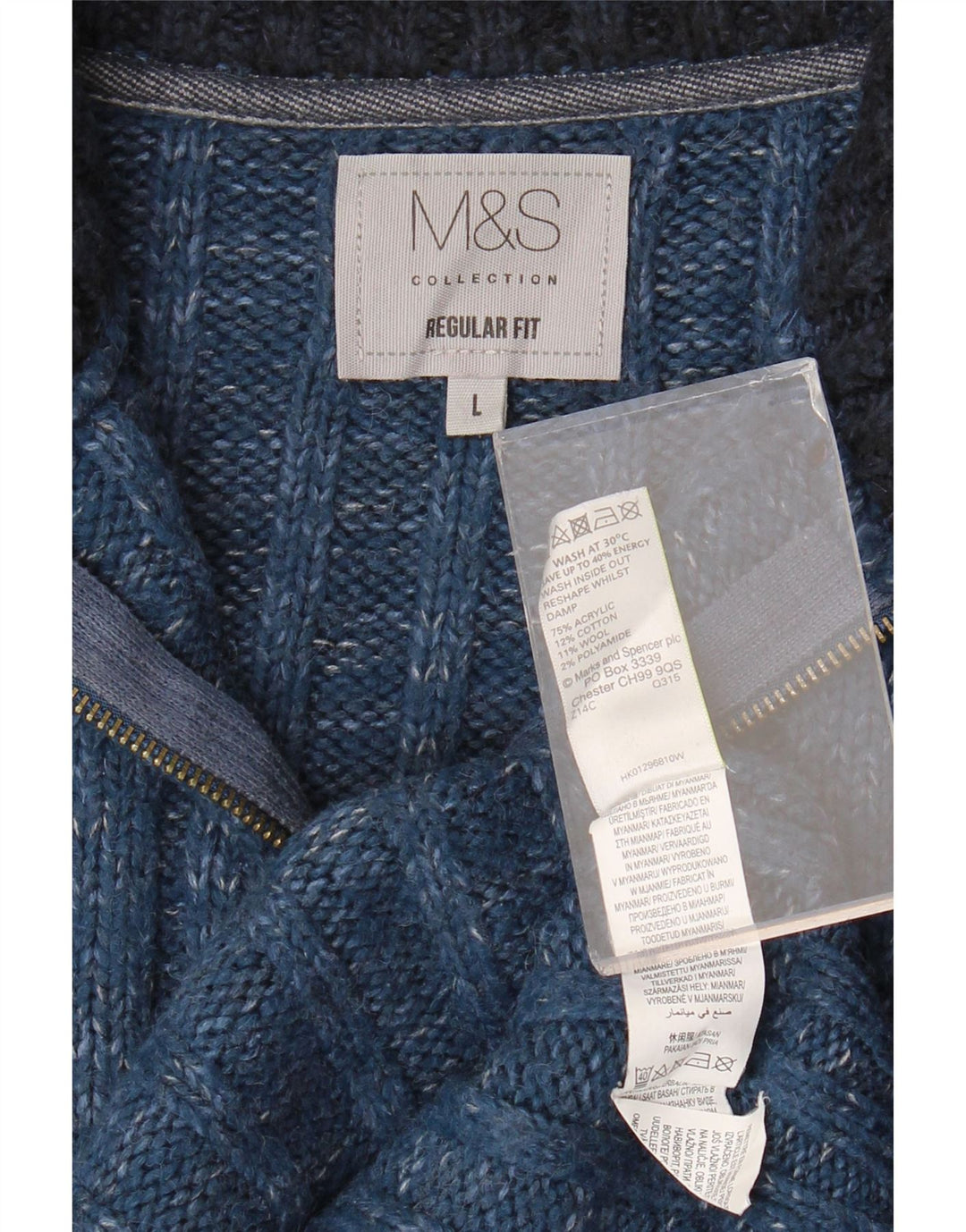 MARKS & SPENCER Suéter tipo jersey con cuello y cremallera para hombre, grande, moteado en azul