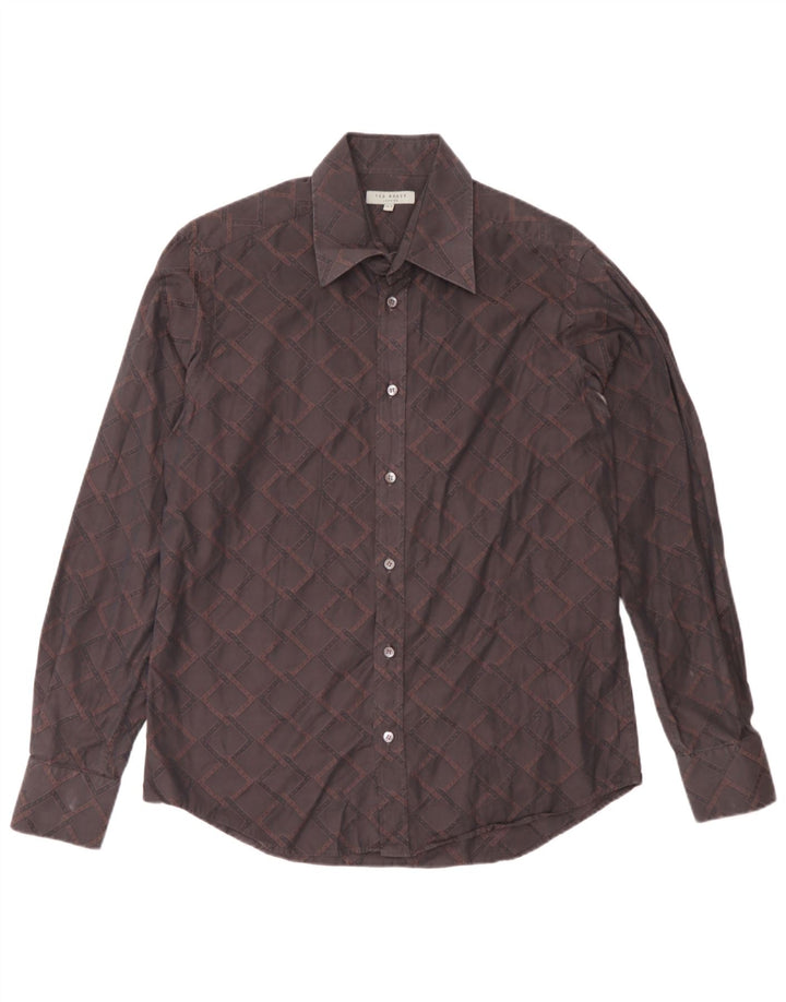 Ted Baker Camisa para hombre Talla 15 1/2 Algodón geométrico marrón medio