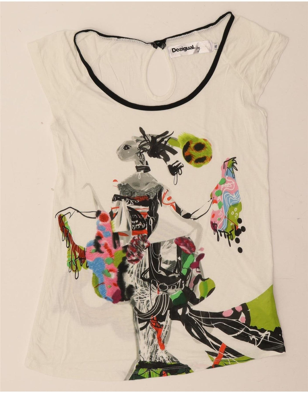 Desigual Mujer Camiseta Gráfica Top UK 18 XL Off White Viscosa