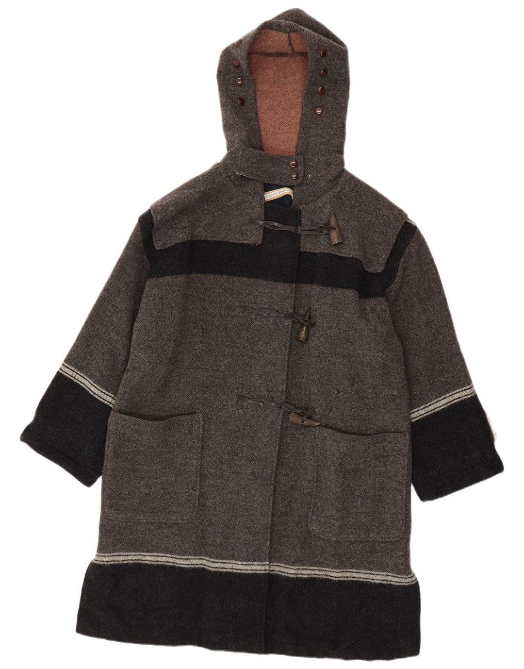 Vintage hombre con capucha trenca IT 42 XL gris colorblock lana virgen