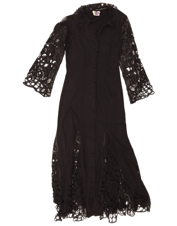 Vintage mujer Maxi camisa vestido Reino Unido 12 medio negro floral viscosa