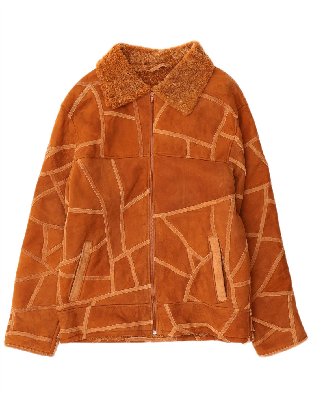 Vintage mujer shearling chaqueta Reino Unido 14 marrón medio geométrico