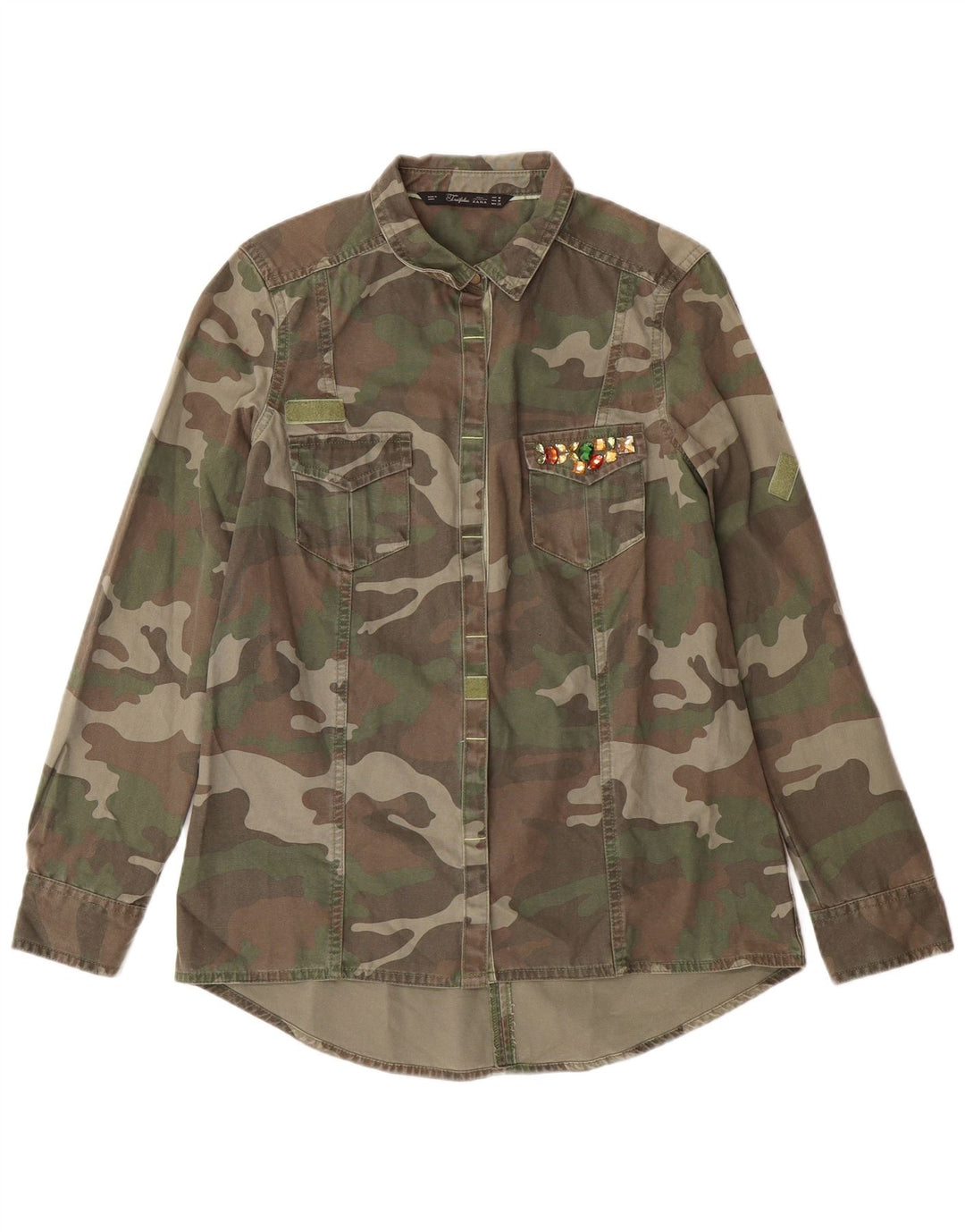 ZARA Camisa Militar Mujer UK 40 Medium Caqui Camuflaje Algodón
