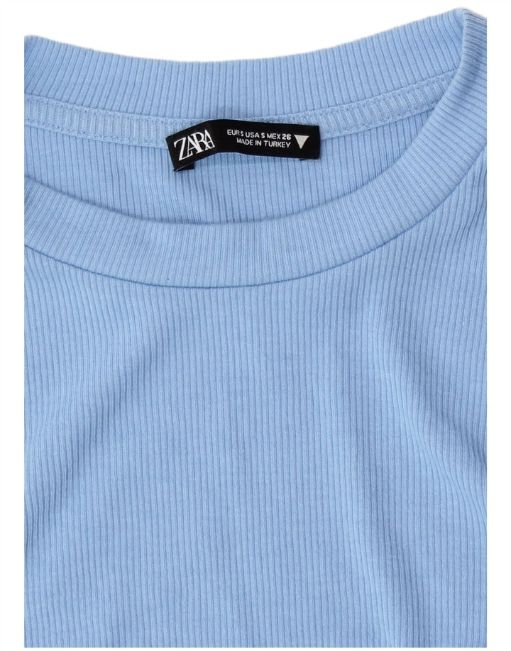Zara Blusa Corta De Manga Larga Para Mujer Top UK 8 Small Poliéster Azul