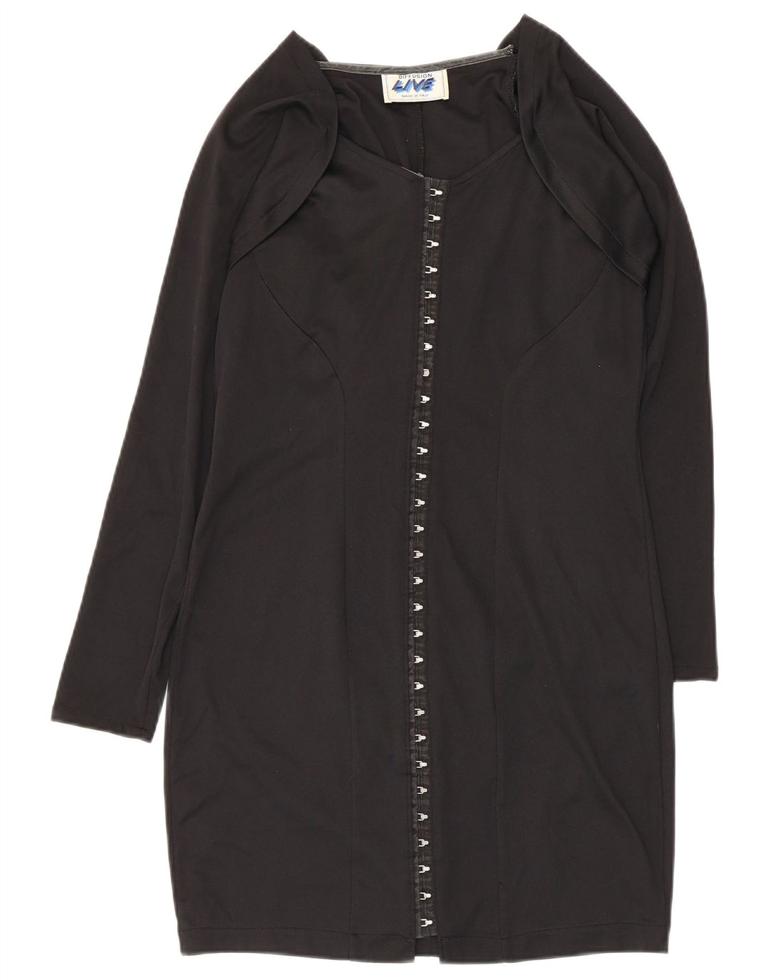 Vintage mujer manga larga vestido vestido Reino Unido 14 poliéster negro grande