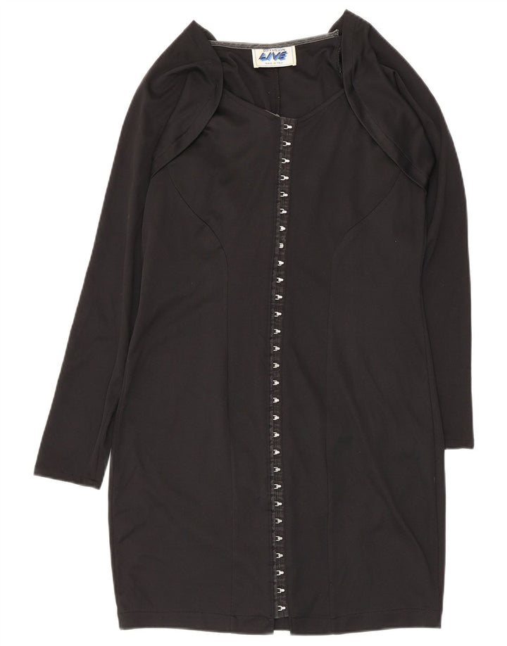 Vintage mujer manga larga vestido vestido Reino Unido 14 poliéster negro grande