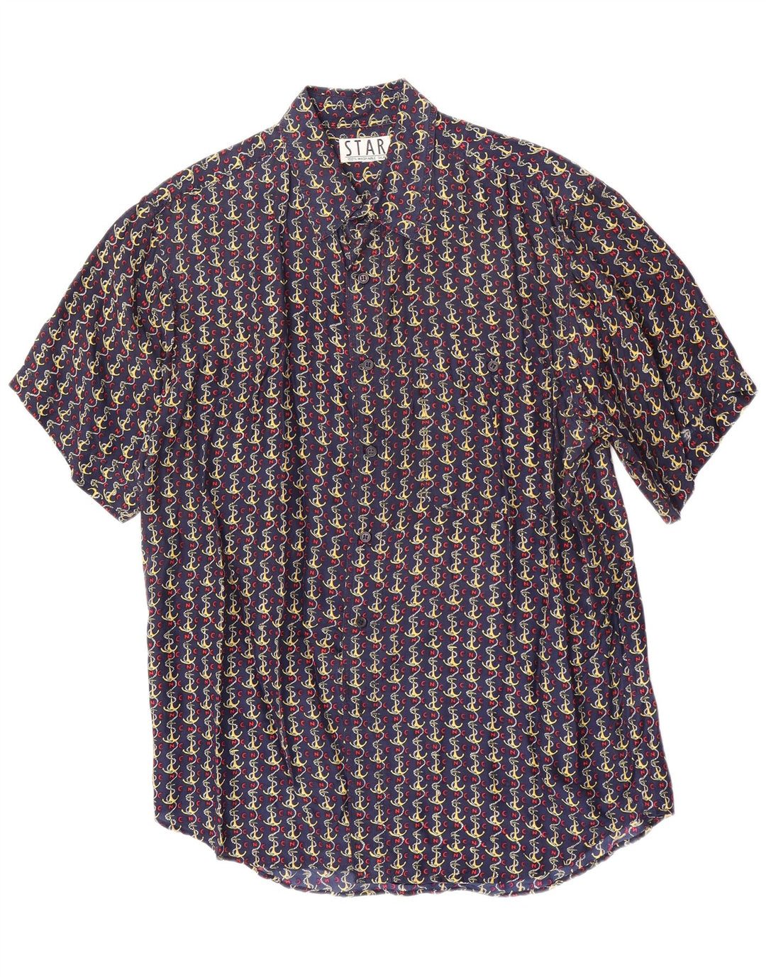 Vintage hombres patrón abstracto camisa de manga corta seda azul marino medio