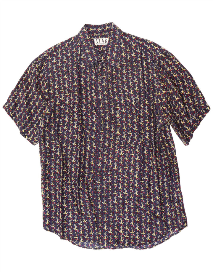 Vintage hombres patrón abstracto camisa de manga corta seda azul marino medio