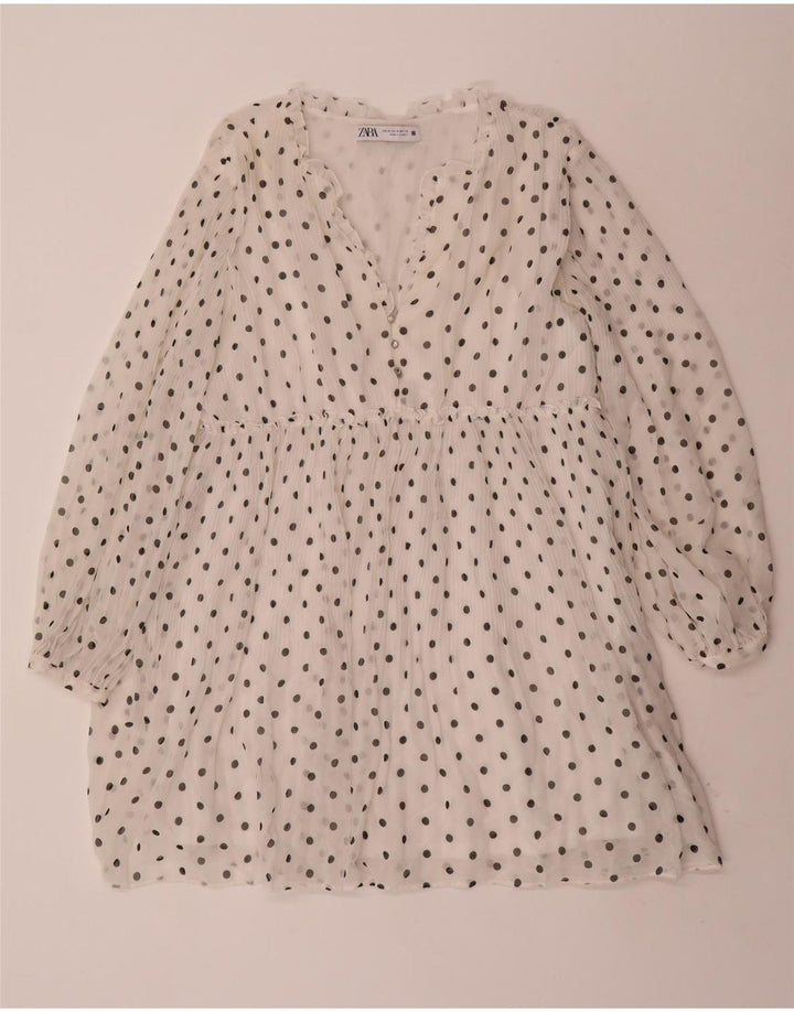ZARA Vestido evasé de manga larga para mujer UK 44 Poliéster con lunares blancos medianos