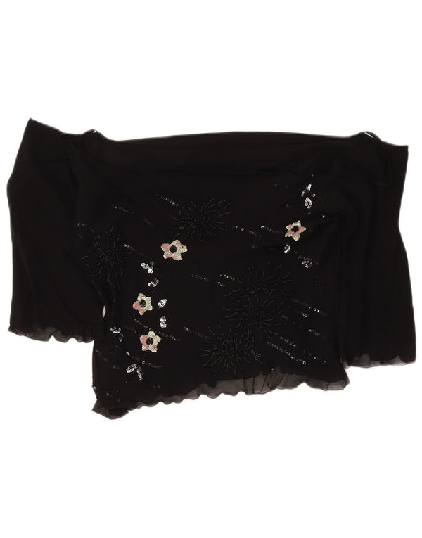 Vintage mujer crop 3/4 manga fuera del hombro Top UK 18 XL seda floral negra