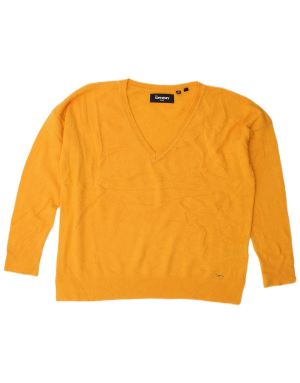 SUPERDRY Suéter tipo jersey de gran tamaño con cuello en V para mujer UK 10 Small Yellow Wool