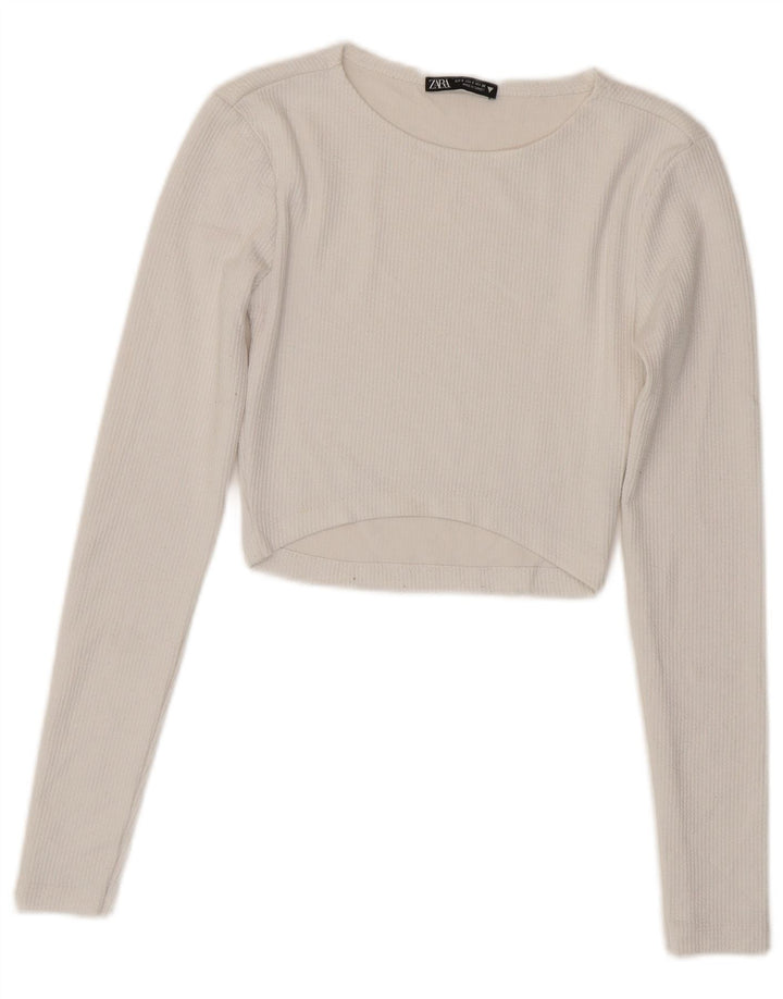 Zara Mujer Crop Top Manga Larga UK 8 Small Poliéster Blanco