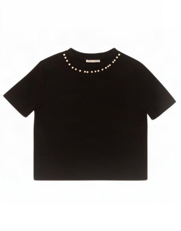 Zara Mujer Crop Blusa Top UK 12 Medium Negro Algodón