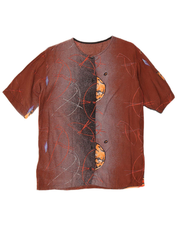 Vintage mujer gráfica manga corta camisa blusa Reino Unido 14 marrón grande