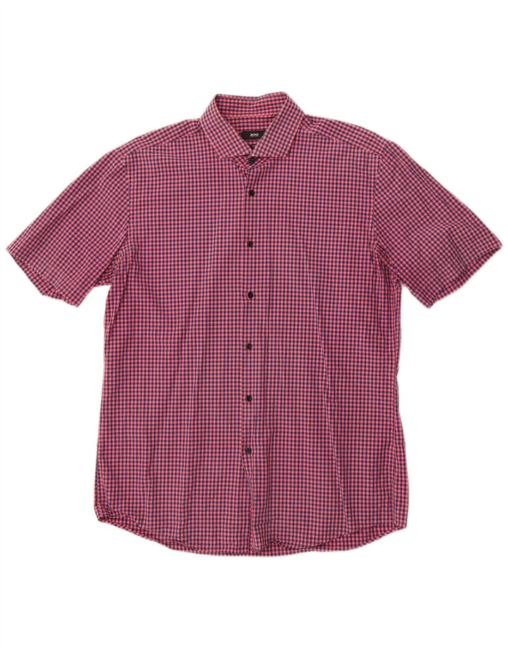 Hugo Boss Camisa Slim Fit De Manga Corta Para Hombre Camisa De Cuadros Rosa Grande