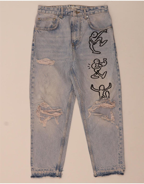 Zara Jeans recortados desgastados gráficos para hombre EU 38 Small W30 L24 Algodón azul