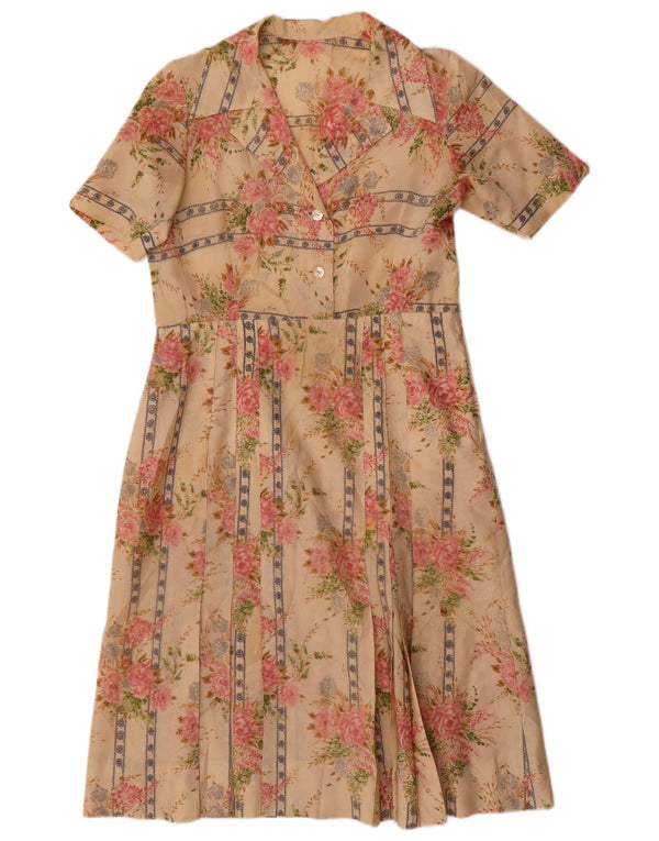 Vintage mujer A-Line vestido Reino Unido 12 medio beige floral