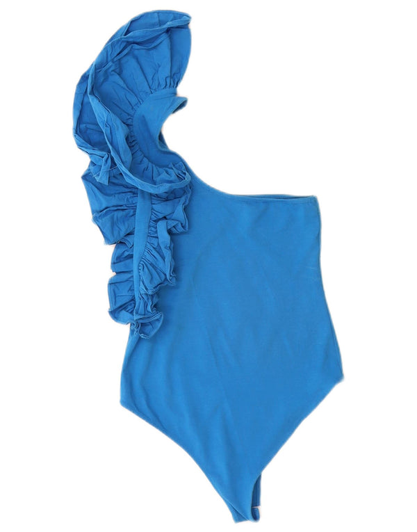 Zara Body De Un Hombro Con Volantes Para Mujer UK 8 Small Algodón Azul