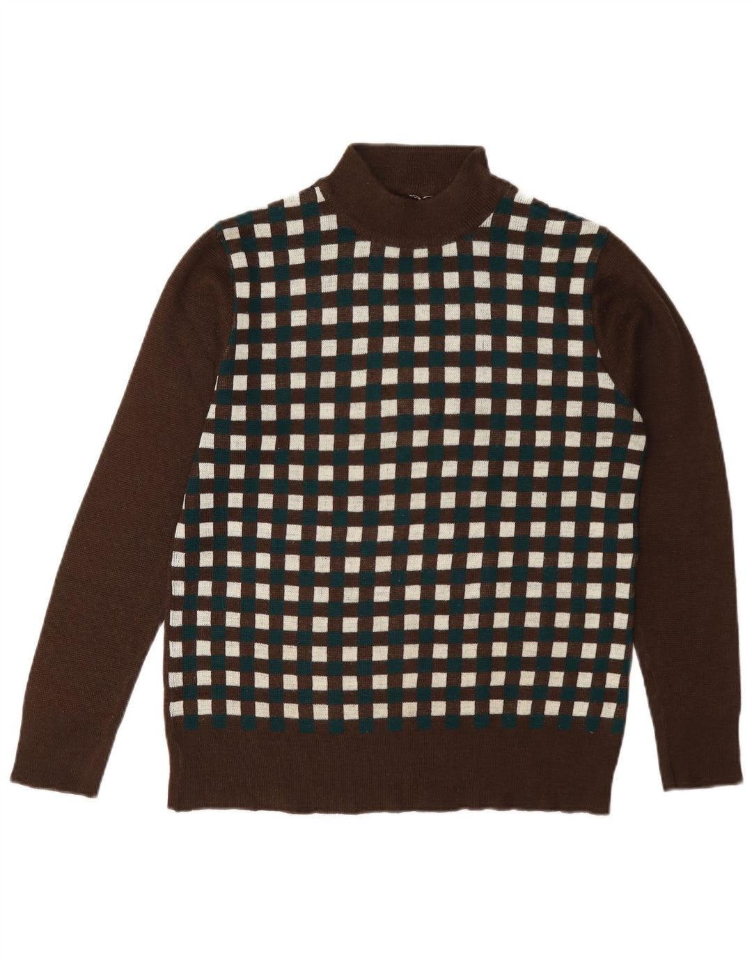 Vintage mujer cuello tortuga jersey suéter Reino Unido 12 marrón medio geométrico
