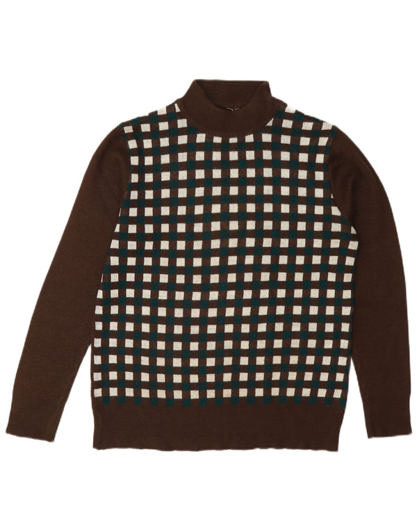 Vintage mujer cuello tortuga jersey suéter Reino Unido 12 marrón medio geométrico