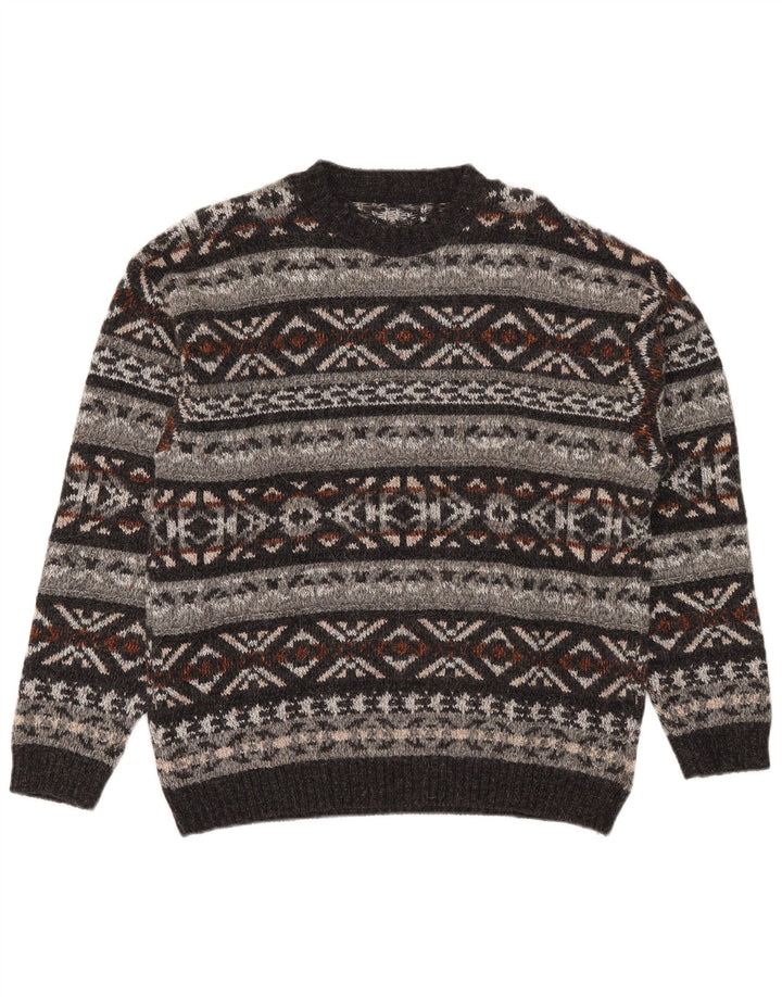 Vintage hombres cuello redondo jersey suéter medio multicolor Fair Isle