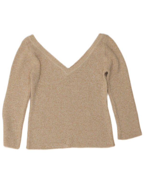 Zara Mujer Crop Jersey De Manga 3/4 Con Cuello En V UK 44 Grande Beige Moteado