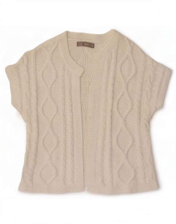 Zara Mujer Cárdigan De Manga Corta Suéter UK 14 Medium Off White Cotton