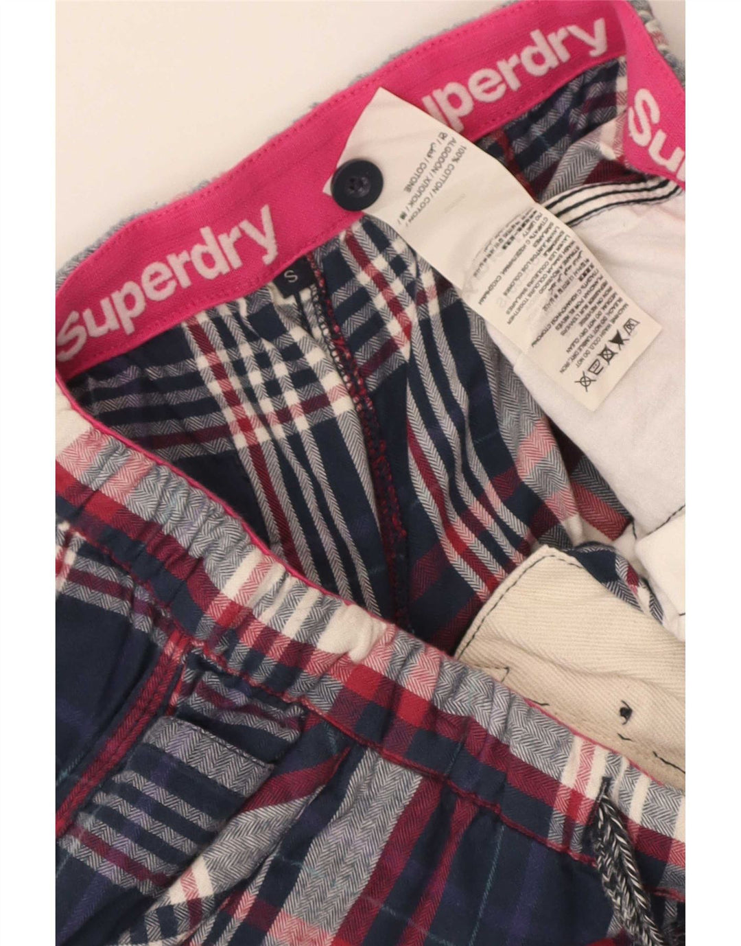 Superdry Hot Pants Mujer Pequeño W28 Algodón A Cuadros Azul Marino