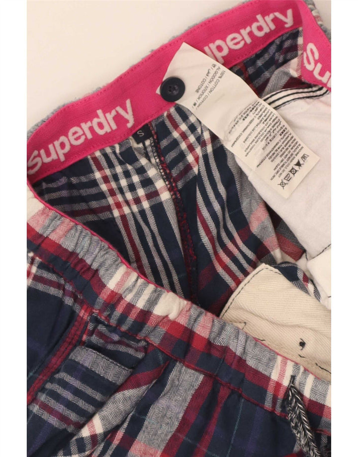 Superdry Hot Pants Mujer Pequeño W28 Algodón A Cuadros Azul Marino