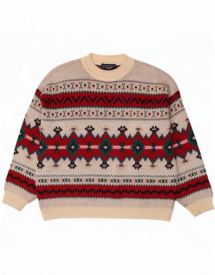 Vintage hombres cuello redondo jersey suéter XL lana geométrica multicolor