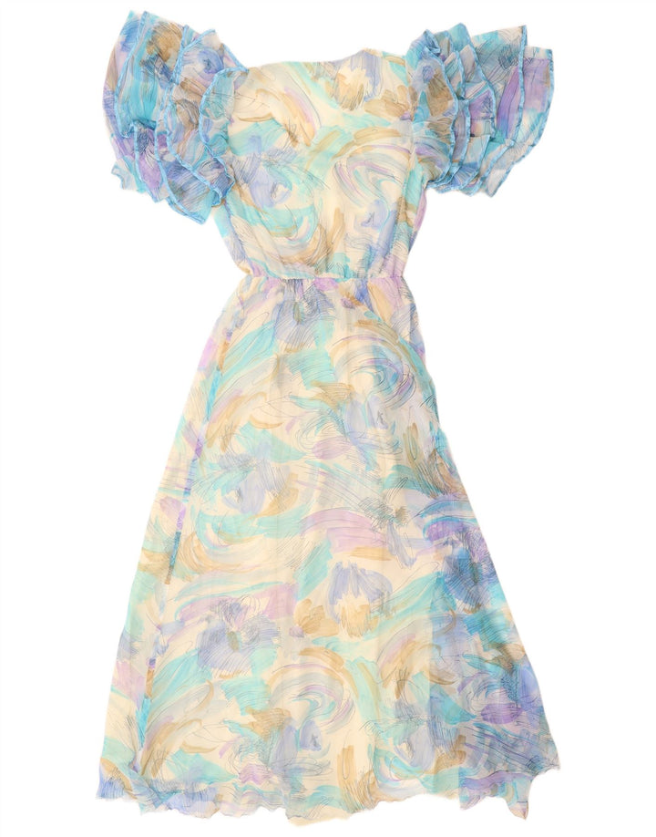 VINTAGE Mujer Patrón Abstracto Maxi Vestido Reino Unido 12 Azul Medio