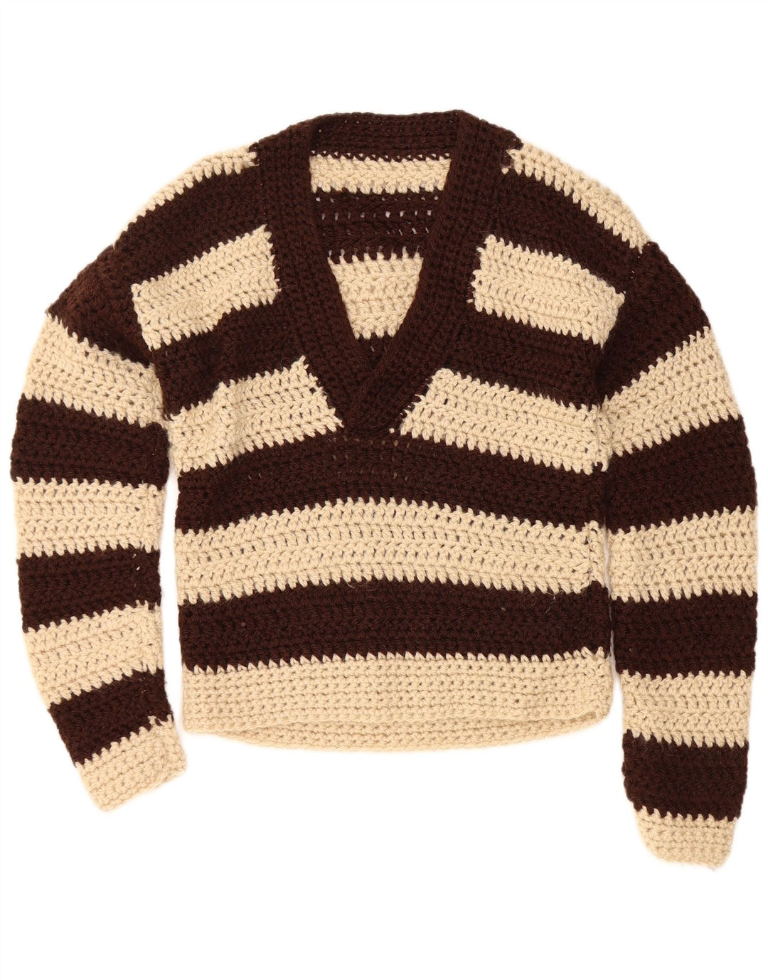 Vintage mujer V-cuello jumper suéter Reino Unido 12 marrón medio rayas