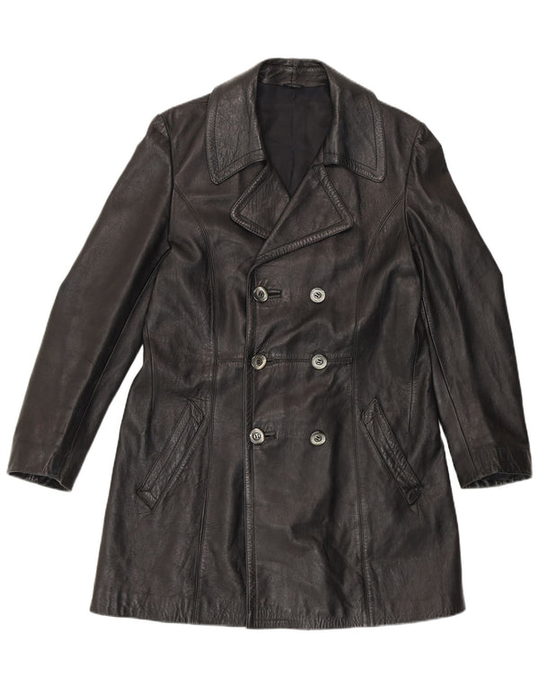 VINTAGE Mujer Abrigo de cuero de doble pecho Reino Unido 14 Medio Negro